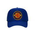 Blue cap with a red and yellow logo on a white background