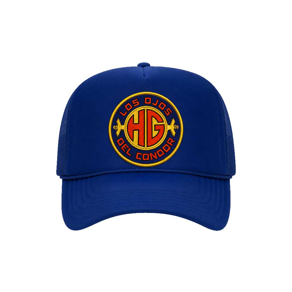 Blue cap with a red and yellow logo on a white background